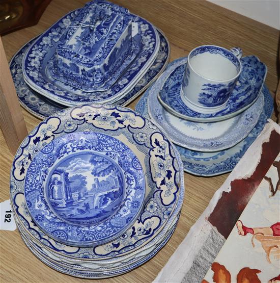 A collection of blue and white transfer-printed tableware, including Spode Italian, Wild Rose border, etc.